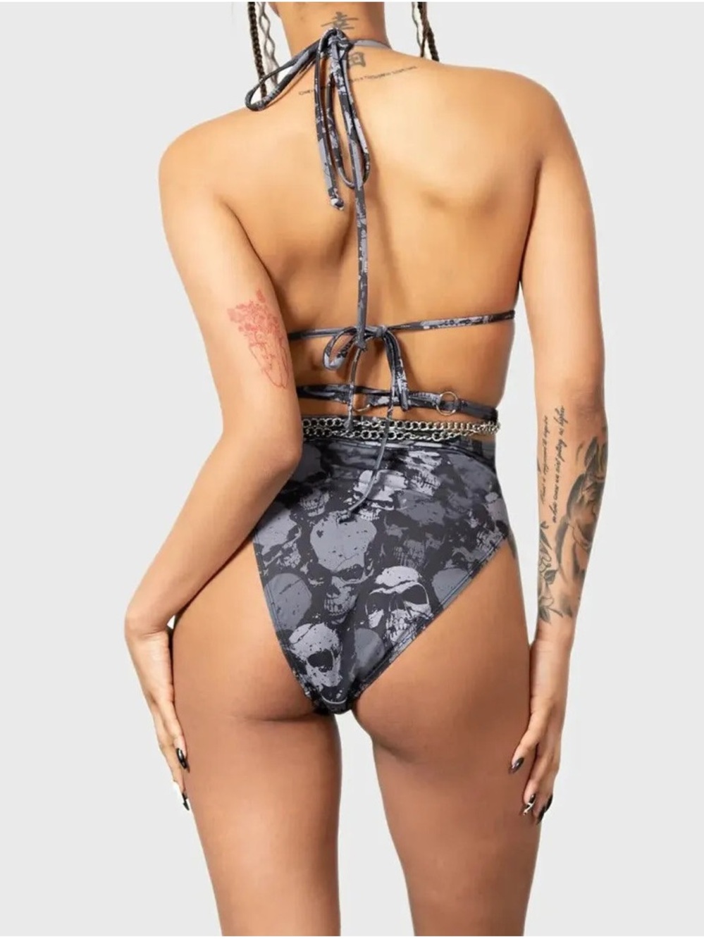 Killstar Shipwreck Black & Grey Skull-Print with Chains One-Piece Swimsuit - Picture 2 of 4